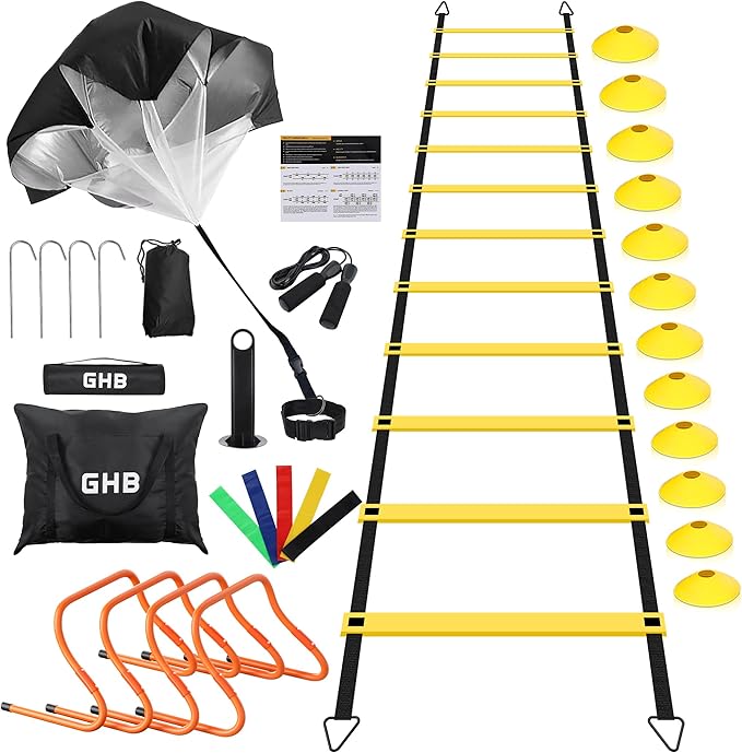 GHB Agility Ladder,Football Training Equipment Set,4 Agility Hurdles, 20 feet12 Rungs Speed Ladder,12 Disc Cones,Resistance Parachute, Jump Rope, 5 Resistance Bands-StrideForce Fitness