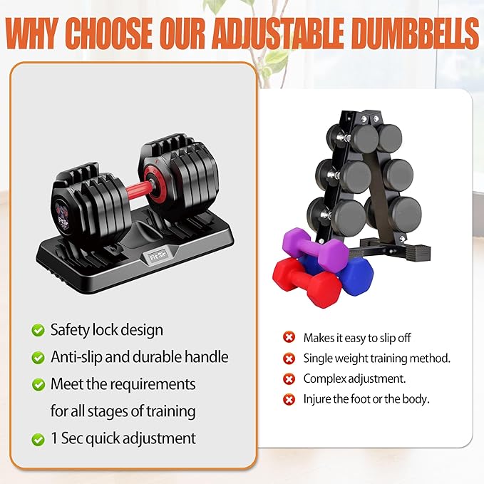 Adjustable Dumbbell Set 25/55/90LBS,10 in 1 Free Weights Dumbbell with Anti-Slip Texture Handle,1 Sec Speed Adjustment Men/Women Gym and Home Strength Training Equipment.-StrideForce Fitness