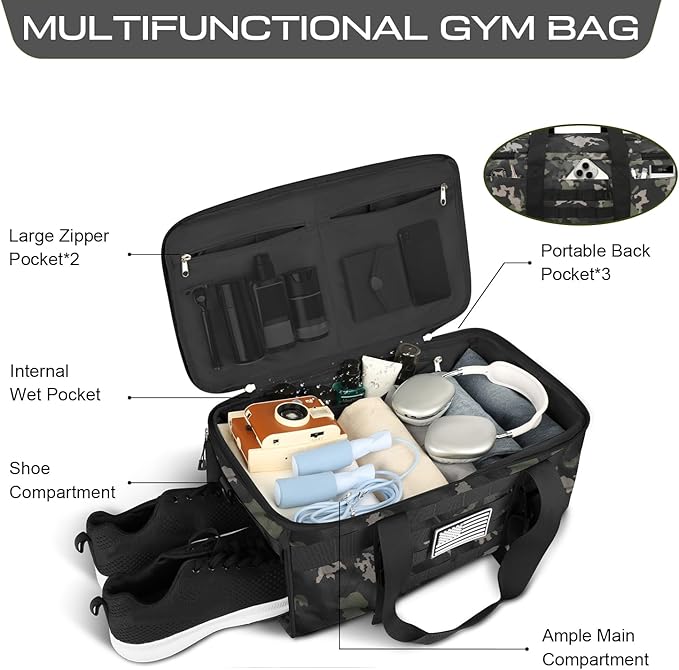ETRONIK Gym Bags for Men, Tactical Duffle Bag Backpack with Shoe Compartment, 3 in 1 Carry on Bag Travel Backpack with Wet Pocket, Weekender Overnight Range Bag for Workout Football Gym, Camouflage