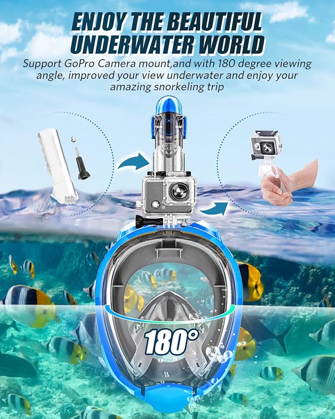 QingSong Full Face Snorkel Mask for Adults, Snorkeling Gear with Camera Mount, 180 Degree Panoramic View Snorkel Set Anti-Fog Anti-Leak-StrideForce Fitness