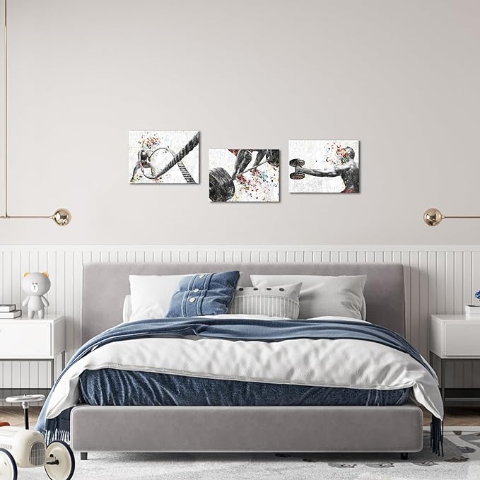 KREATIVE ARTS 3 Pieces Fitness Gym Canvas Wall Art - 12"x16" Framed Workout Prints with Weightlifting, Dumbbell, Barbell & Fitness Rope Motifs, Black & White Sport Painting, Home Gym Decor-StrideForce Fitness