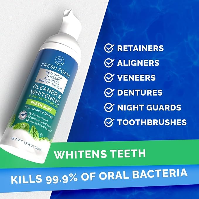 Retainer Cleaner Foam for Invisalign, Aligner Cleaner Whitening Foam for Mouth Guard Night Guard Veneers, Whitens Teeth, Freshens & Fights Bad Breath, 3% Hydrogen Peroxide, Mint - 50ml