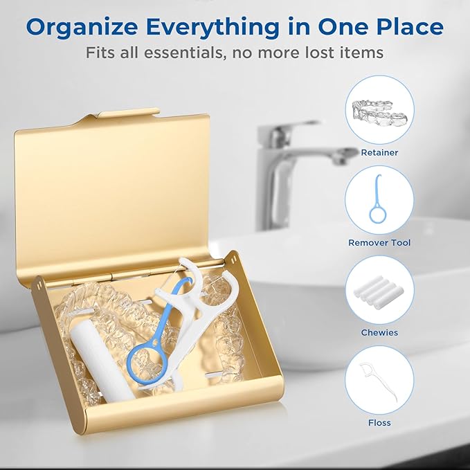 Aluminum Retainer Case for Invisalign Aligners, Partial Mouth Guard Case Denture Retainer Container Case Holder with Vent Holes, Slim Orthodontic Aligner Case for Traveling-1 Pack Gold