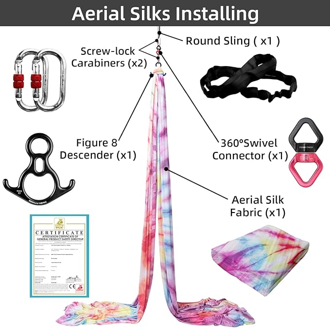 PRIOR FITNESS Aerial Silks Kit Colorful 9/15/20 Yards 40D Nylon Fabric Hammock Set With Hardware & Guide for All Levels Of Aerial Yoga Practice and Acrobatic Flying For Adults Aerial silk-StrideForce Fitness