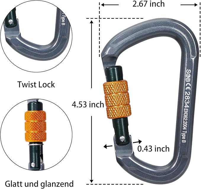 SOB Auto Locking Climbing Carabiner Clips,Heavy Duty Asymmetrical Carabiner Connector Used for Rappelling Gear Rescue Outdoor Projects Dog Leash-StrideForce Fitness