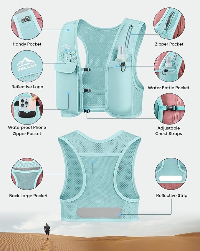 Running Vest for Women Men, USA Original Patent, Adjustable Chest Straps Running Hydration Vest with 500ml Soft Flask, Lightweight Reflective Hydration Backpack for Marathon-StrideForce Fitness