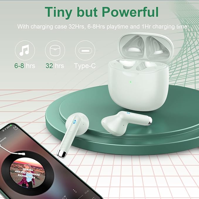 Wireless Earbuds, Bluetooth 5.4 Earbuds Stereo Bass, Bluetooth Headphones in Ear with Noise Cancelling Mic, Earphones IP7 Waterproof Sports, 32H Playtime USB C Charging Green Ear Buds for Android iOS-StrideForce Fitness