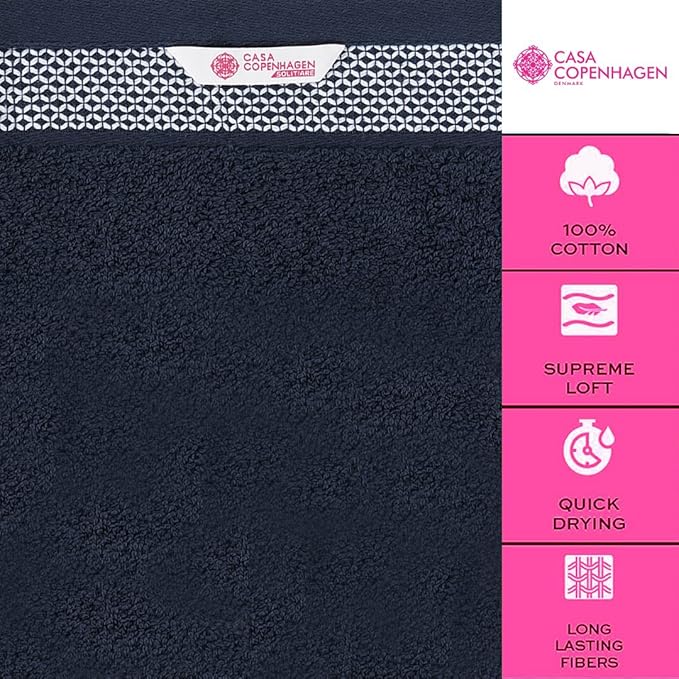 CASA COPENHAGEN Solitaire Towels, 4 Pieces Bath Towel Set- Navy, 600 GSM Designed in Denmark Made of Soft Egyptian Cotton for Bathroom, Kitchen & Shower-StrideForce Fitness