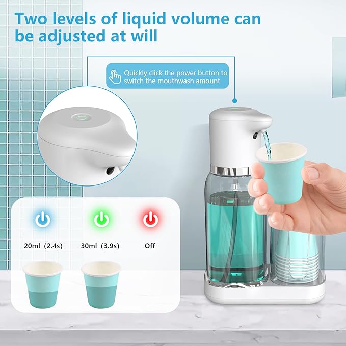 Luvan Automatic Mouthwash Dispenser for Bathroom, 25oz(750ml) Smart Mouthwash Dispenser with Cup Holder, Infrared Sensor and 2 Dispensing Levels, Rechargable Mouth Pumb Dispenser for All Age Groups