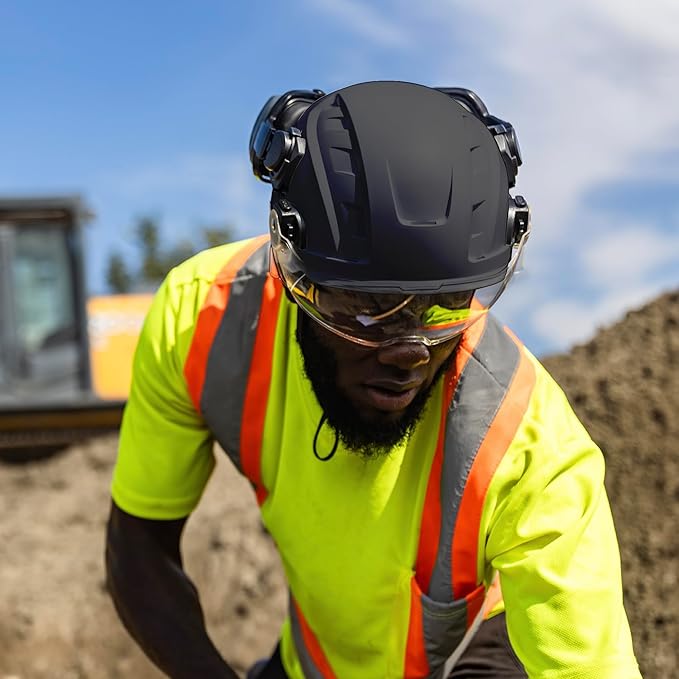 GE Safety Helmet, Impact Absorbing Tech, Adjustable Ratchet, ANSI Type 1, Memory Foam Padding, Hard Hats Protection, Lightweight, Durable, Chin Strap, Comfortable Fit OSHA Approved-StrideForce Fitness