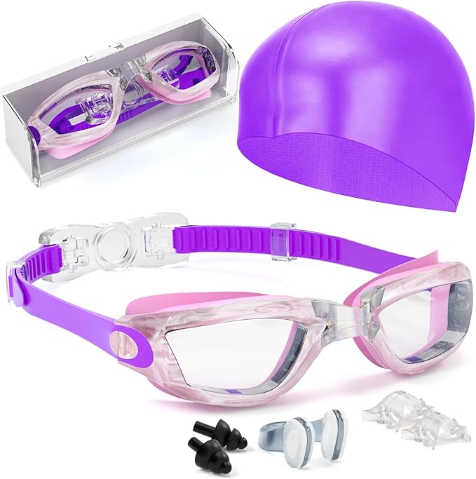 Kids Swim Goggles, Swimming Goggles for Kids Toddlers 3-14 with Swim Cap, Nose Clip, Nose Bridge, Ear Plugs-StrideForce Fitness