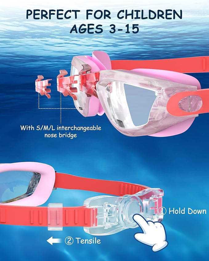 Kids Swim Goggles, Swimming Goggles for Kids Toddlers 3-14 with Swim Cap, Nose Clip, Nose Bridge, Ear Plugs-StrideForce Fitness