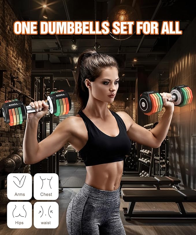 Adjustable Dumbbells Set/Single, 12.5LB/22.5LB/55LB 5 in 1 Free Adjustable Dumbbell Set with Anti-Slip Handle & Rainbow-colored Weight Plates for Home Gym, Weight Set for Women Men-StrideForce Fitness