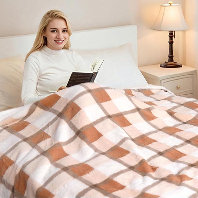 PU MEI Super Soft Faux Rabbit Fur Sherpa Fleece Throw Blanket, Reversible Luxury Cozy Cute Furry Blanket, Plush Warm Shaggy Fluffy Checkered Blankets for Sofa Couch Bed (Beige-Plaid, 80" x 90")-StrideForce Fitness