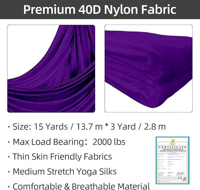 PRIOR FITNESS Aerial Silks Kit Colorful 9/15/20 Yards 40D Nylon Fabric Hammock Set With Hardware & Guide for All Levels Of Aerial Yoga Practice and Acrobatic Flying For Adults Aerial silk-StrideForce Fitness