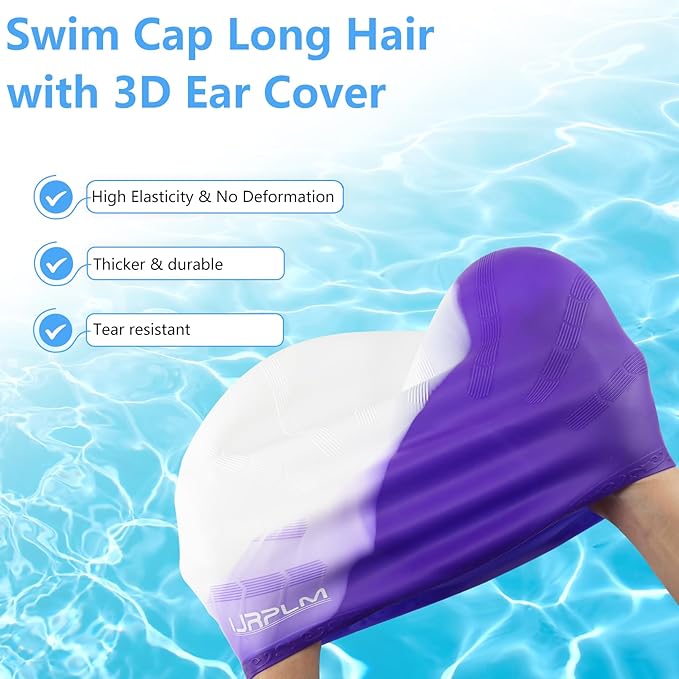 Swim Cap Long Hair,Silicone Swimming Caps with 3D Ear Cover,Waterproof Adult Swim Hats Bathing Caps for Women Men,Keep Your Hair Dry-StrideForce Fitness
