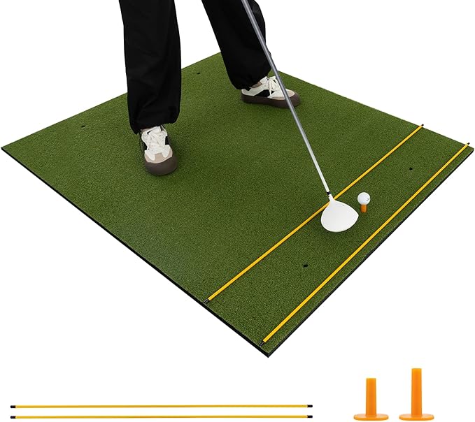Tangkula Golf Hitting Mat, Artificial Turf Mat for Indoor/Outdoor Golf Practice Includes 2 Rubber Tees & 2 Alignment Sticks, Golf Training Mat for Home Backyard Garage-StrideForce Fitness