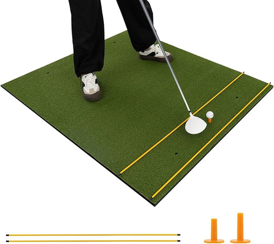 Tangkula Golf Hitting Mat, Artificial Turf Mat for Indoor/Outdoor Golf Practice Includes 2 Rubber Tees & 2 Alignment Sticks, Golf Training Mat for Home Backyard Garage-StrideForce Fitness