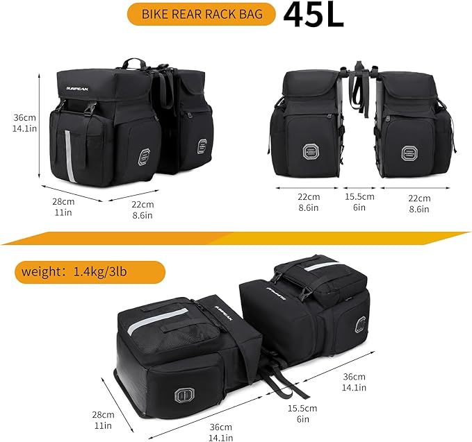 Bike Bag Accessories Panniers for Bicycle Rear Rack Bag 45L Waterproof Mountain Electric Bike Saddle Bag for Cycling Traveling Commuting Black-StrideForce Fitness