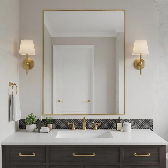 27x36 Inch Brass Bathroom Mirror for Wall, Aluminum Frame Rectangle Rectangular Vanity Mirror, Modern Large for Bedroom, Living Room, Horizontal or Vertical-StrideForce Fitness
