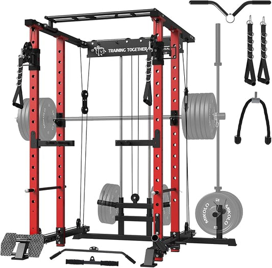 Mikolo Power Cage, 1500lbs Power Rack with LAT PullDown and Cable Crossover System, Squat Rack with Pulley System, Weight Cage for Home Gym with Training Attachments-StrideForce Fitness