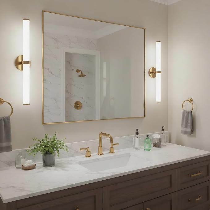 24x32 Inch Brass Bathroom Mirror for Wall, Aluminum Frame Rectangle Rectangular Vanity Mirror, Modern Large for Bedroom, Living Room, Horizontal or Vertical-StrideForce Fitness