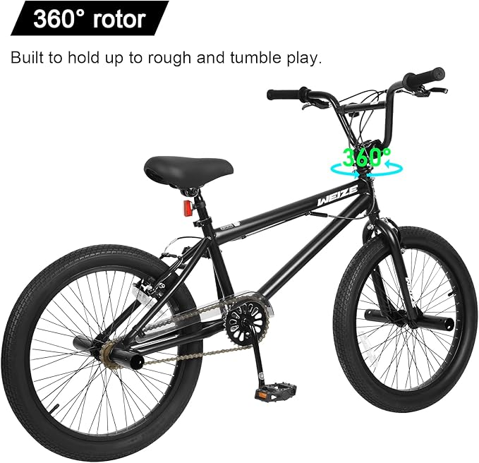WEIZE Freestyle BMX Bike, 20 inch Trick Bicycle for Kids and Adults Men Women, Hi-Ten Steel Frame, 360 Degree Rotor Freestyle, 4 Pegs Single Speed Teen Bike, Beginner-Level to Advanced Riders-StrideForce Fitness