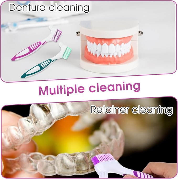 Denture Brush, 4 Pcs Dual Angled Denture Toothbrushes with Black Carrying Case, Portable False Teeth Care Cleaning Brush with Multi-Layered Soft Bristles (Purple, Green, Blue, Orange)