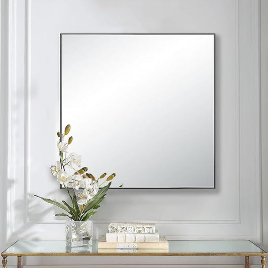 28x28 Inch Black Bathroom Mirror for Wall, Aluminum Frame Rectangle Rectangular Vanity Mirror, Modern Large for Bedroom, Living Room, Horizontal or Vertical-StrideForce Fitness