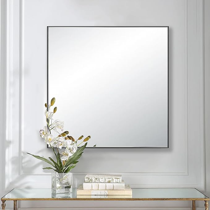 24x24 Inch Black Bathroom Mirror for Wall, Aluminum Frame Rectangle Rectangular Vanity Mirror, Modern Large for Bedroom, Living Room, Horizontal or Vertical-StrideForce Fitness