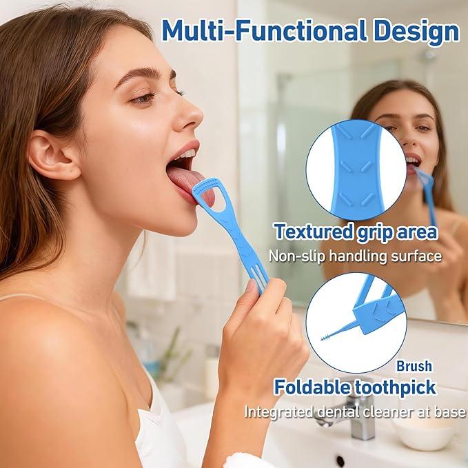 RAZOKO Tongue Cleaner with Safe Fold-Back Tooth Pick,100 Count BPA Free Disposable Tongue Scraper,Hygienic Scraper for Clean Tongue & Promote Fresh Breath