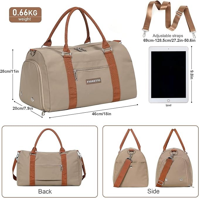 FIORETTO Womens Gym Tote Duffle Weekender Bag with Wet Pocket & Shoe Compartment, Ideal for Travel, Swimming, Dance, Khaki-StrideForce Fitness