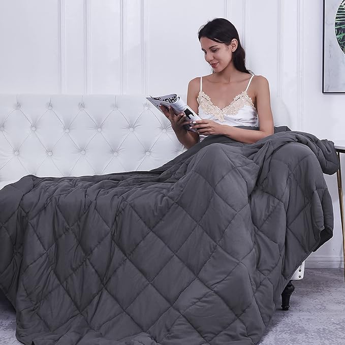 L'AGRATY Weighted Blanket for Adults- Dark Grey, 48"x72", 15lbs, Twin Full Size Heavy Throw Blanket, Cooling, Breathable, Microfiber with Glass Beads, Big, Washable, All-Season-StrideForce Fitness
