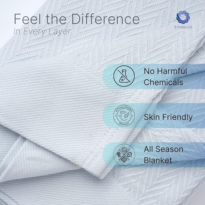 100% Cotton Herringbone Weave Blankets, 108"X90" King,Throw Blanket for Bed,All Season Cotton Blanket, Cozy Blanket,Throws Bed Blanket, Throw Blanket for Couch,Modern Home Decor -Light Blue-StrideForce Fitness