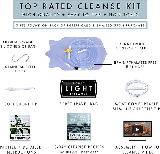 Foret Premium Enema Kit Non-Toxic Silicone Tip, Bag & Eco Detox Gift | Most Comfortable Colon Cleanse | Gerson Therapy Colonics Recommended | BPA & Phthalates Free |Clamp| Easy Instructions | Slim Tip-StrideForce Fitness