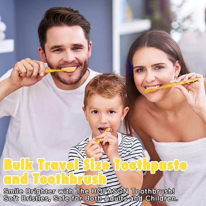 HOFASON Disposable Toothbrushes with Toothpaste Pack of 200, Bulk Travel Toothpaste and Toothbrush Set Yellow Hollow Toothbrush 5g Tooth Paste Individually Wrapped for Homeless Shelter Charity Hotel