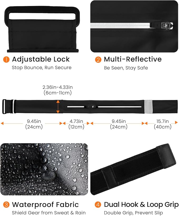 Running Belt for Women and Men, Adjustable Fanny Packs No Bounce Phone Holder for Running with Water Bottle & Headband, Waterproof Reflective Waist Packs for Runner Fits All Phones (L-Black)