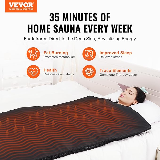 VEVOR Sauna Blanket for Detoxification, Portable Far Infrared Sauna for Home, PU Sauna Bag w/Therapy Stones & Carbon Fiber Heating, 1-6 Level Adjustable Temp 95-185℉, 1-60 Minutes Timer, 75 x 35in-StrideForce Fitness