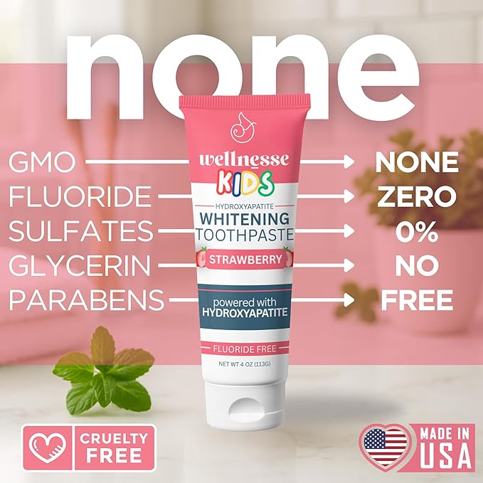 Wellnesse Kids Hydroxyapatite Toothpaste with Xylitol - Fluoride Free Toddler & Children's Natural Toothpaste, Freshens Breath, Sensory-Friendly Oral Care, Vegan, Strawberry Flavor, 4 oz (Pack of 3)