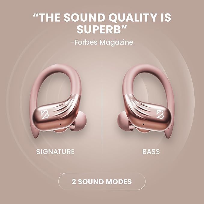 Rose Gold Wireless Running Earbuds for Women. Pink Bluetooth Sport Earbuds for Running, 80 Hour Long Battery Life Over the Ear with EarHooks, Wrap Around Ear buds with Microphone, Earphones-StrideForce Fitness