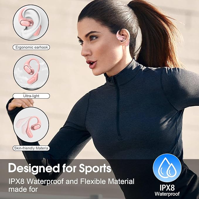 Open Ear Headphones, Bluetooth 5.4 Headphones Sports, Premium Sound with HD Mic Wireless Earbuds, 48H Playtime LED Power Display Ear Buds, IPX7 Lightweight Comfort Earphones for Running, Pink-StrideForce Fitness
