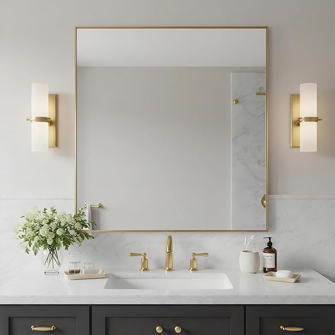 30x30 Inch Brass Bathroom Mirror for Wall, Aluminum Frame Rectangle Rectangular Vanity Mirror, Modern Large for Bedroom, Living Room, Horizontal or Vertical-StrideForce Fitness