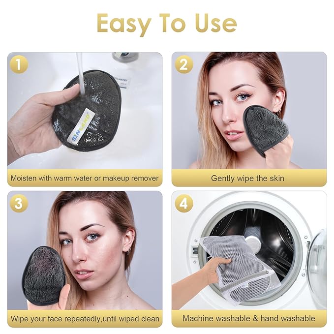 SINLAND Reusable Makeup Remover Pads For Face,Eye,Lips Microfiber Gentle Facial Cleansing Cloths for All Skin Types Friendly for Makeup Remover With Laundry Bag 5.1inchx3.93inch Grey Pack of 12