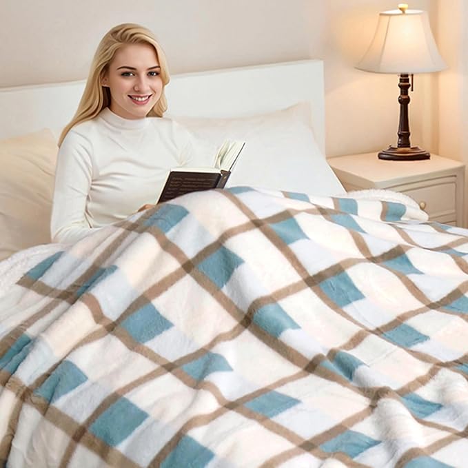 PU MEI Super Soft Faux Rabbit Fur Sherpa Fleece Throw Blanket, Reversible Luxury Cozy Cute Furry Blanket, Plush Warm Shaggy Fluffy Checkered Blankets for Sofa Couch Bed (Green-Plaid, 60" x 80")-StrideForce Fitness