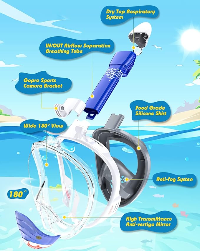 QingSong Kids Snorkel Mask Full Face, Snorkeling Set with Camera Mount, Foldable 180 Degree Panoramic View Snorkeling Gear Anti-Fog Anti-Leak-StrideForce Fitness