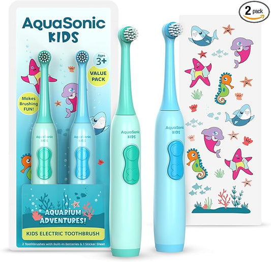 Aquasonic Kids Electric Toothbrush Set for Ages 3+ | Soft Bristles, Oscillating Brush Head, Built-in Battery | Aquarium Adventures