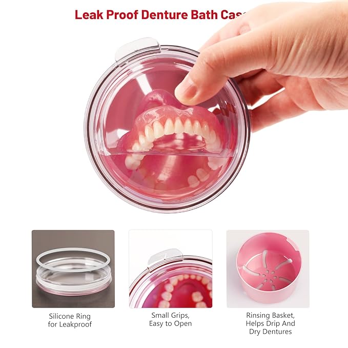 Denture Case, Leak Proof Denture Bath Cup, Full & Partial Denture Clean Holder Box with Strainer, Denture Brush, Denture Soaking Container Cups for Dentures, Retainers, Mouth Guard Storage Case (Pink)
