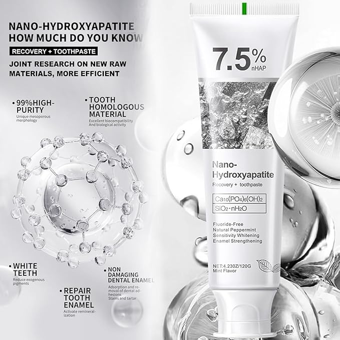 7.5% Hydroxyapatite ToothpasteAppropriate for Sensitive Teeth & Tooth Strengthening, Tooth Repair, Gentle Mint Fluoride-Free Formula for Daily Use (120g/4.23oz)