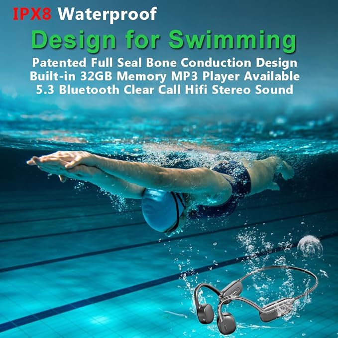 IHAO Swimming Headphones True Bone Conduction Open Ear Headset MP3 Player Built-in 32G Memory IP68 Underwater Waterproof Stereo Bluetooth Earphone for Driving Bicycling Running Skiing-Black-StrideForce Fitness