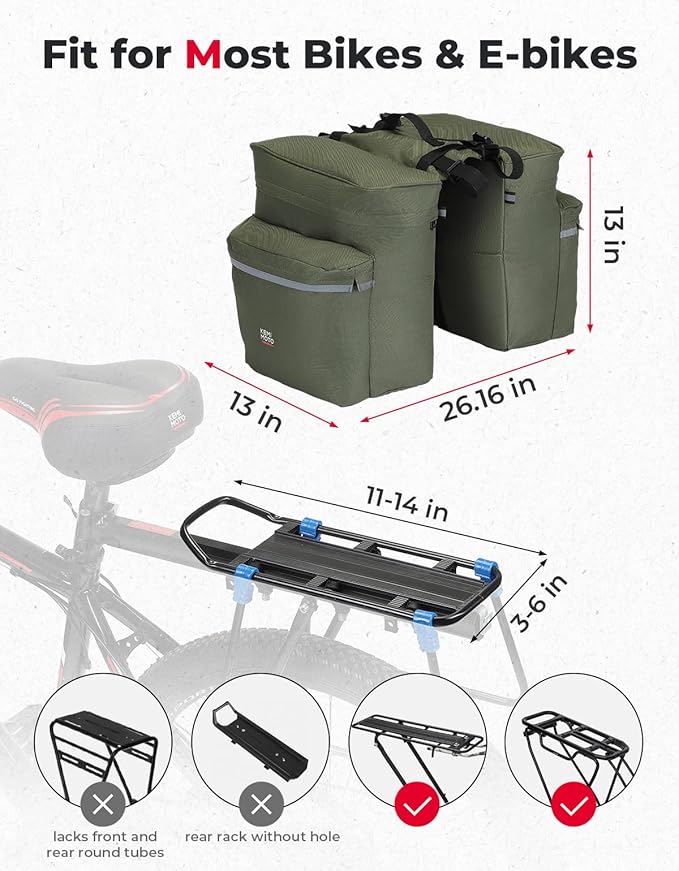 KEMIMOTO Bike Bag Panniers with Rain Cover, 34L Waterproof Bicycle Saddle Bag for Rear Rack Mountain Biking Bags Storage, Ebike Accessories for Commuter Grocery Shopping Travel Carrier, Green-StrideForce Fitness